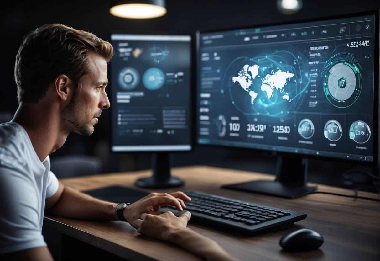 AI analyzes sports data, enhancing player performance and audience engagement. A coach watches as AI algorithms process player statistics and create personalized training plans. Fans interact with AI-powered apps, accessing real-time game insights