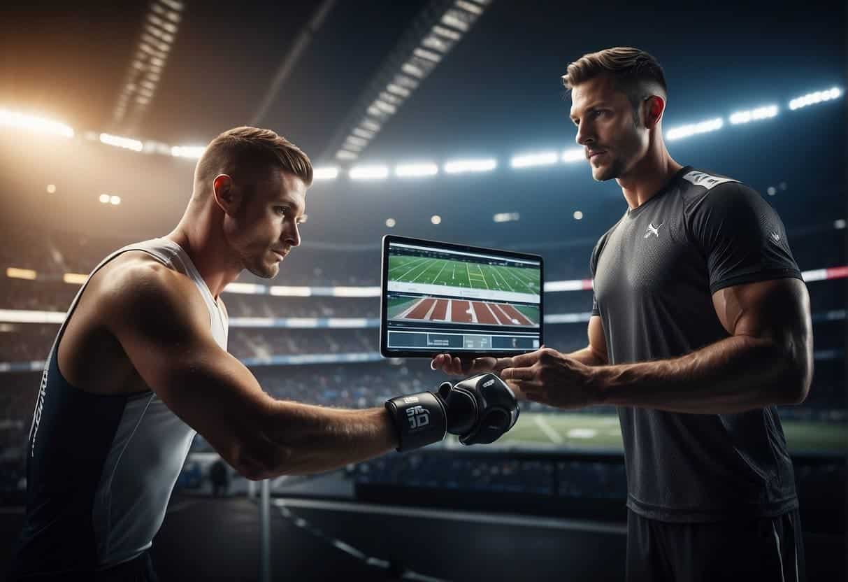 Athletes using AI technology to enhance training, while fans engage with interactive sports data
