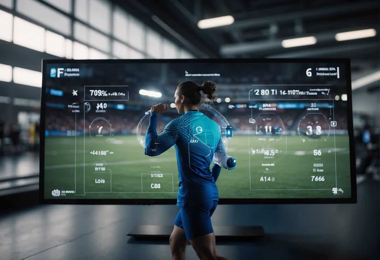 AI analyzes athlete movements on a digital screen. Fans interact with AI-powered apps, enhancing their viewing experience. AI technology enhances training sessions on the field