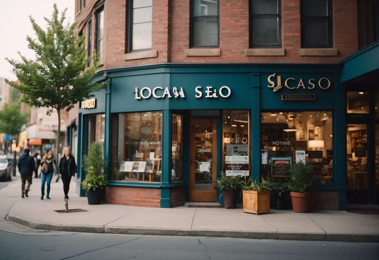 A storefront with a prominent sign reading "Local SEO for Businesses" surrounded by bustling activity and a mix of retail and professional services