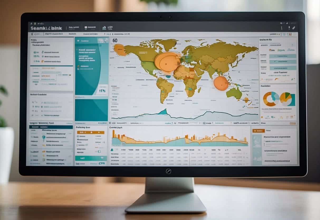 A computer screen displaying SEMrush backlink analysis tool with various data points and charts