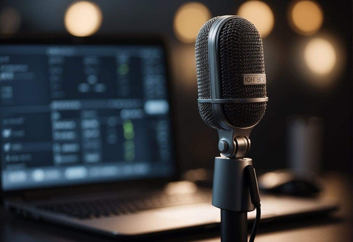A microphone picks up a voice, while AI algorithms process and interpret the speech. A customer service scenario is depicted, with AI technology assisting in understanding and responding to the customer's needs