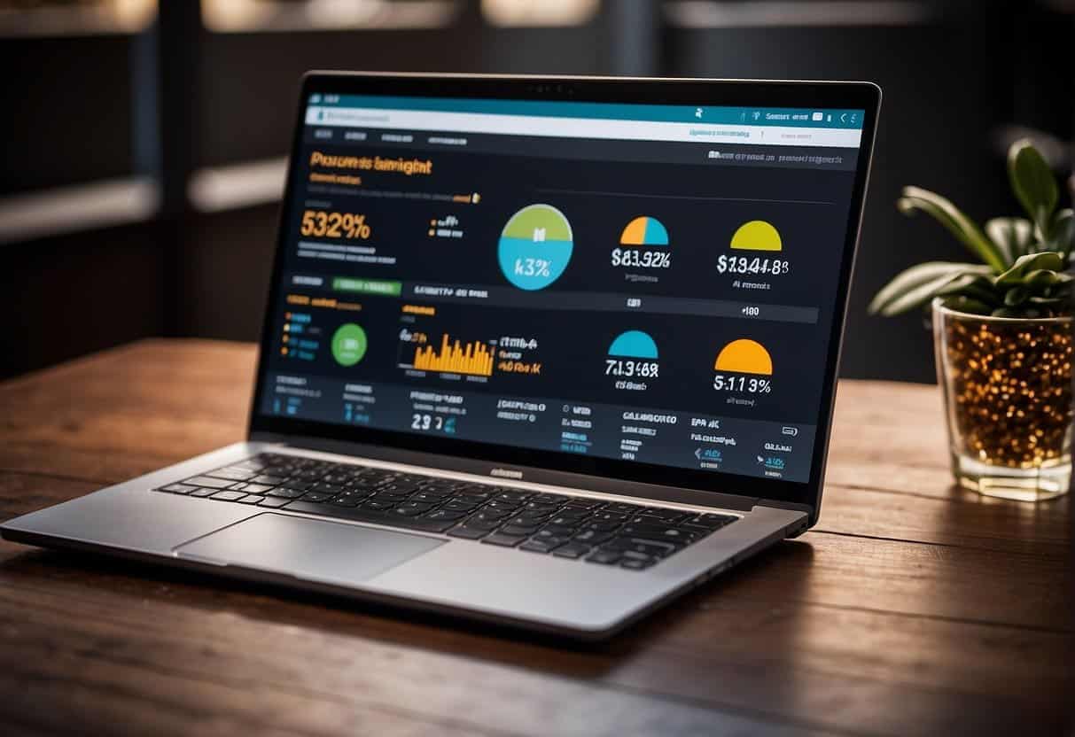 A laptop displaying Amazon's pricing and promotions dashboard. Graphs and data charts show strategic marketing insights