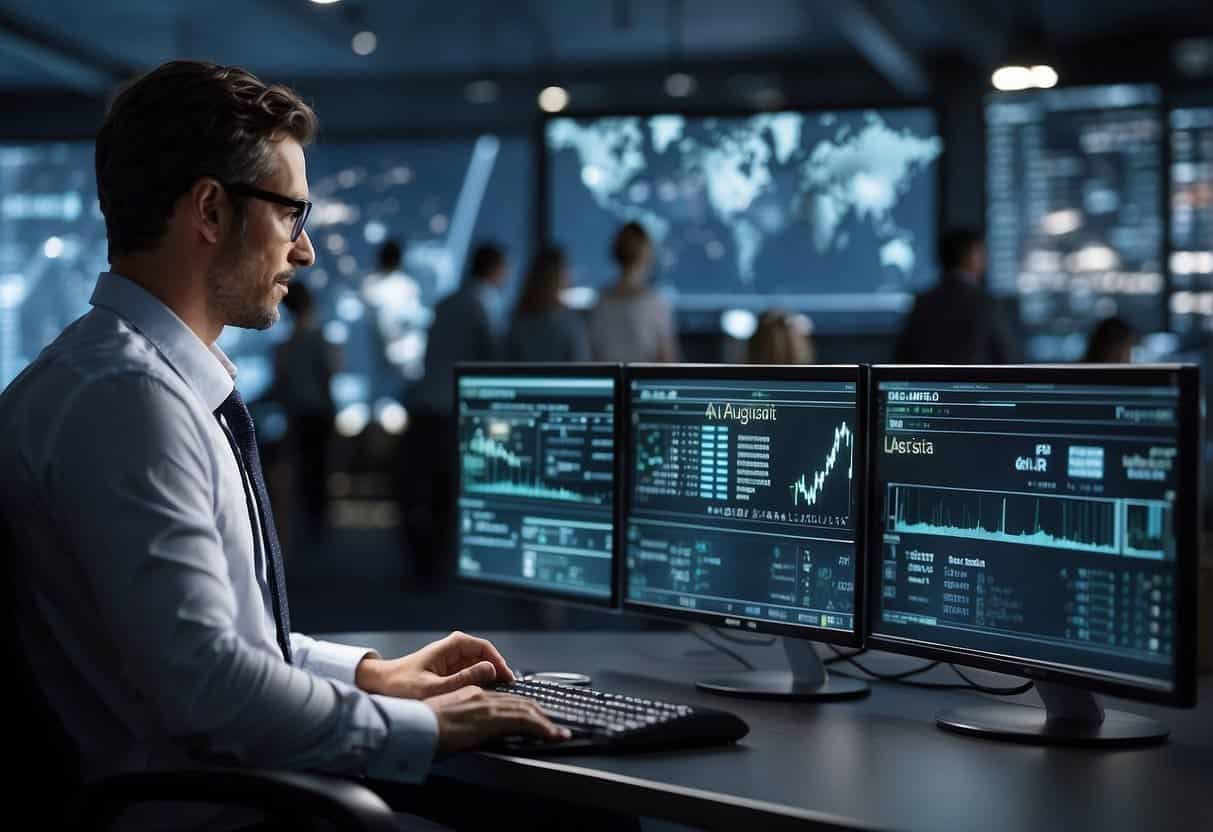 AI algorithms analyze data, generate personalized feedback, and assess employee development. Visualize a computer screen displaying data analysis and personalized learning recommendations