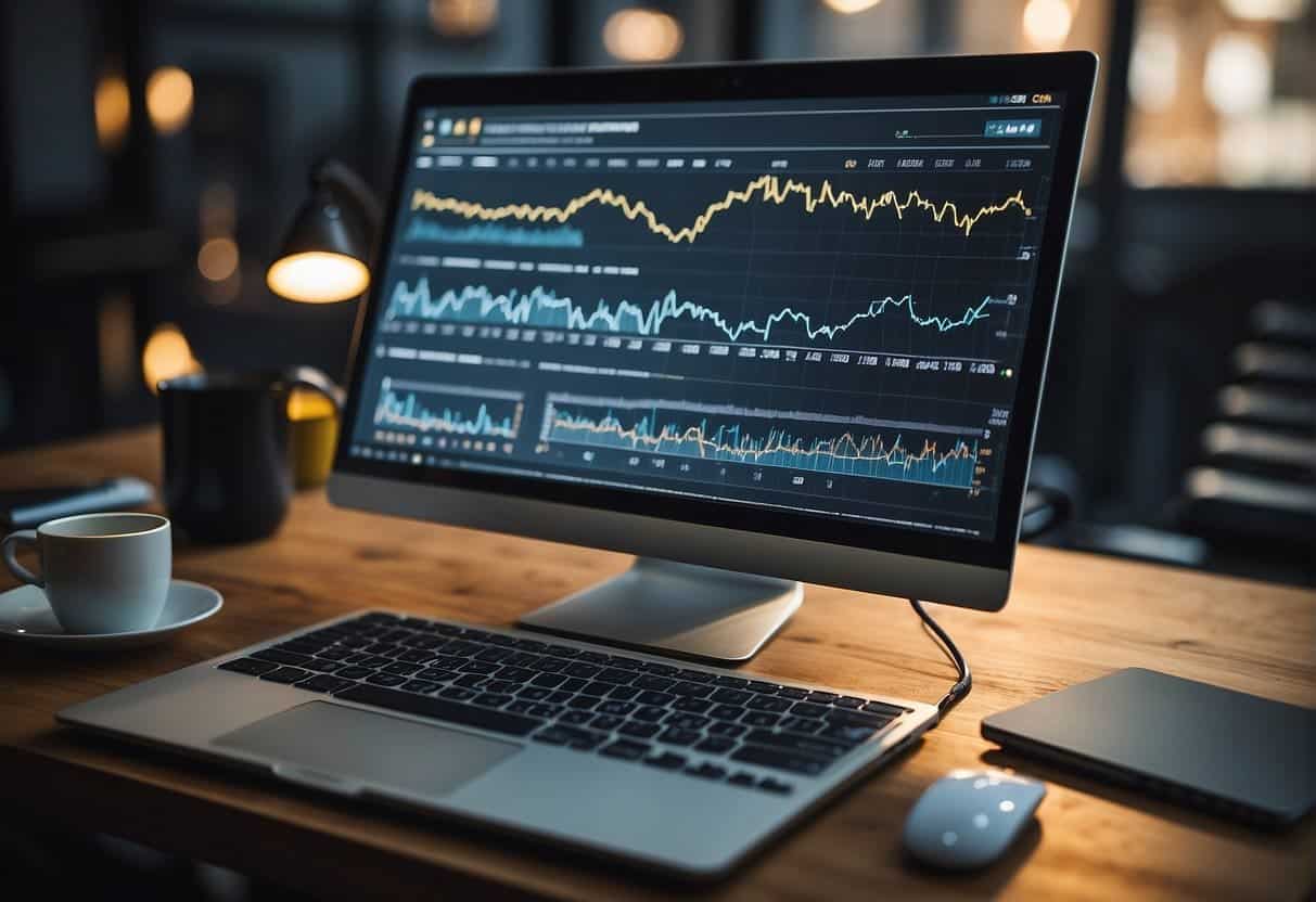 A computer screen displaying a website's technical SEO analysis, with various charts and graphs showing keyword rankings, site speed, and backlink profile