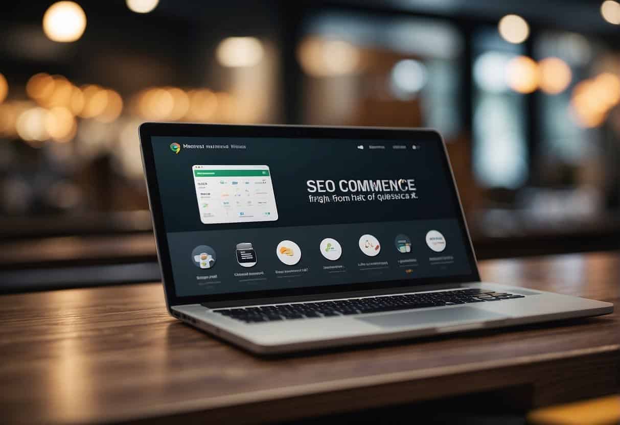 An online store with high search engine rankings and increased sales. Multiple products displayed with a prominent "SEO for E-commerce" banner