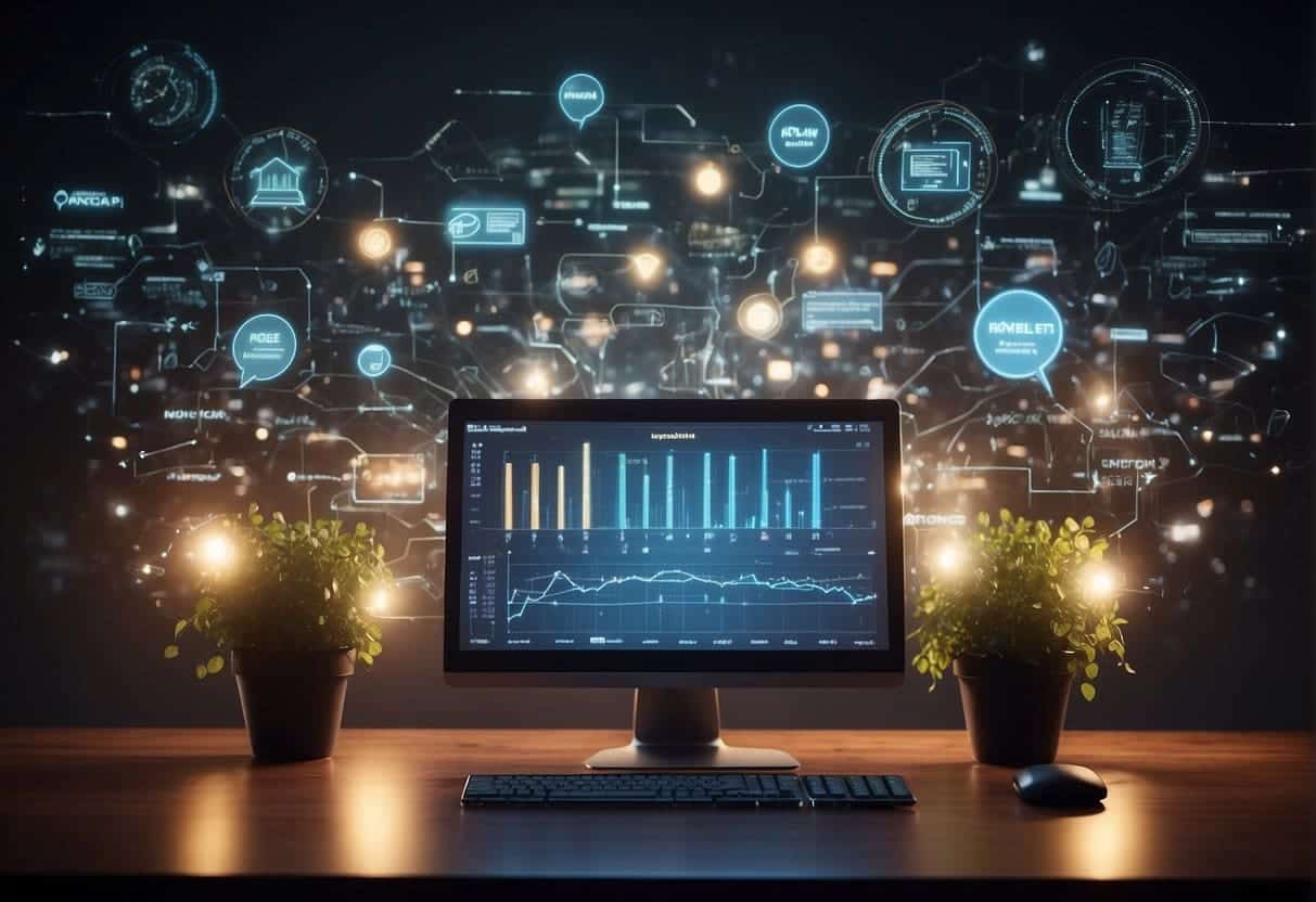 A computer screen with SEO analytics, keywords, and graphs displayed, surrounded by question marks and thought bubbles