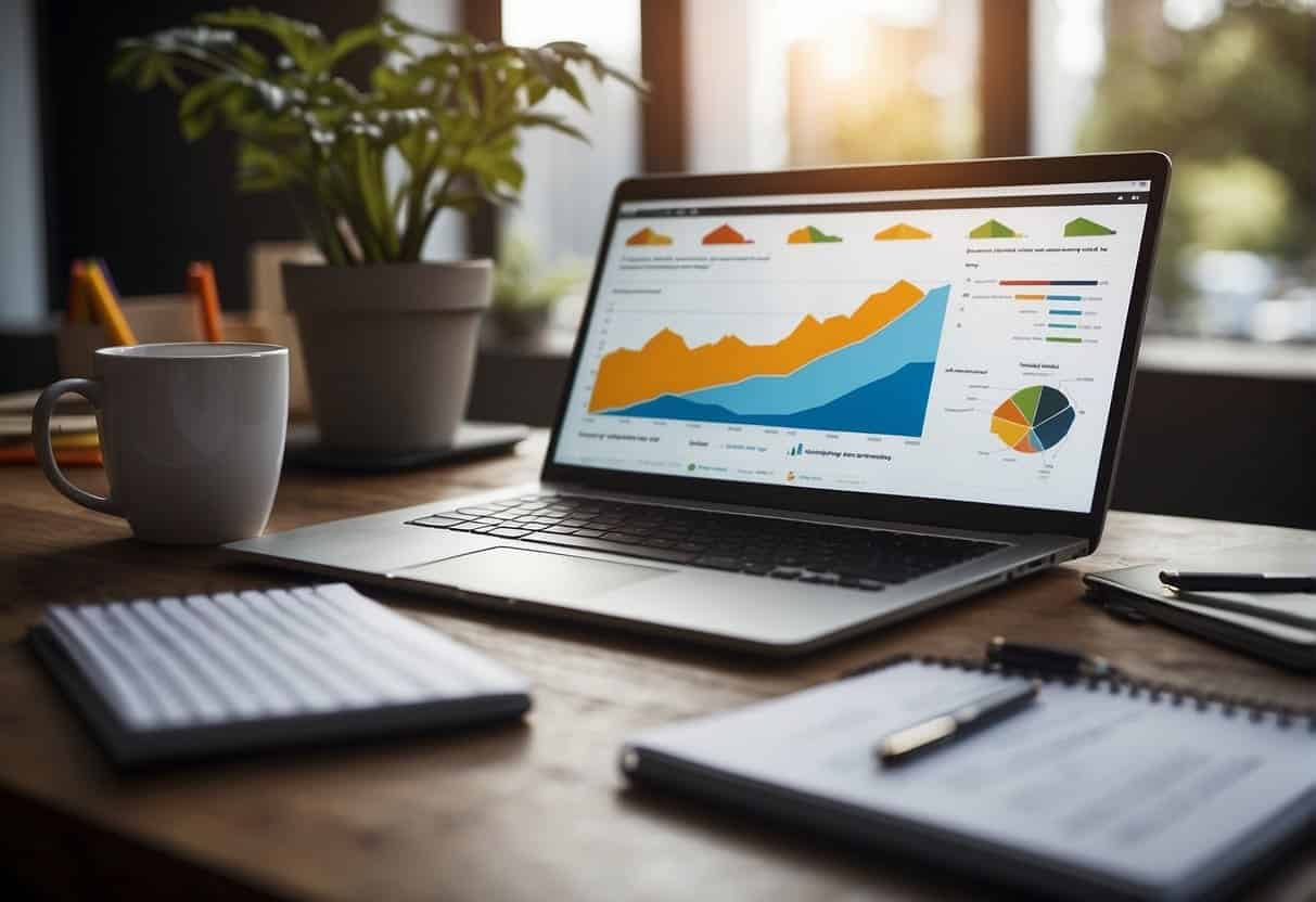 An office desk with a laptop, notebook, and pen. A graph showing website traffic growth. A brainstorming session with sticky notes and a whiteboard