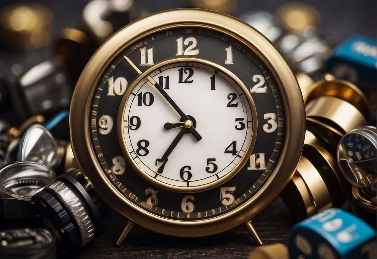 A clock with hands pointing at the 10 and 2 positions, surrounded by a calendar and a pile of opened emails