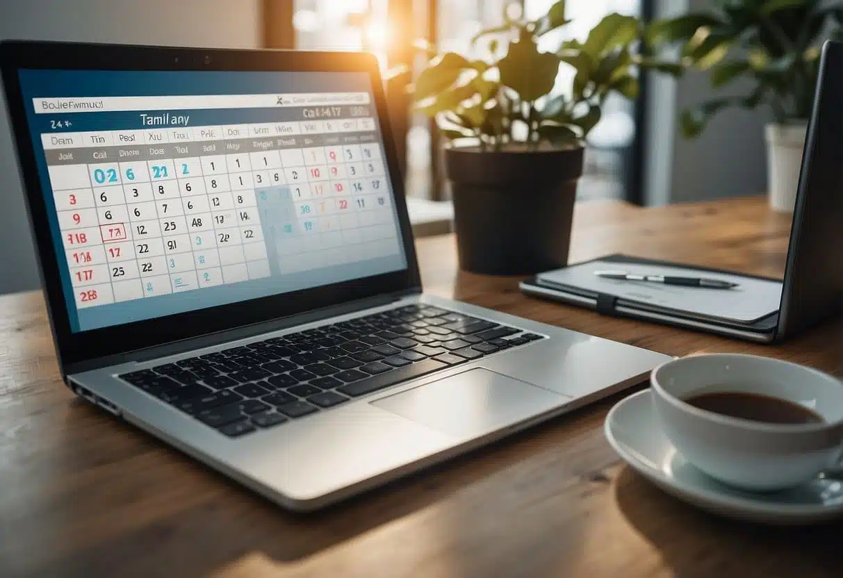 A laptop with an open email draft, a clock showing the best time to send sales emails, and a calendar with upcoming dates highlighted