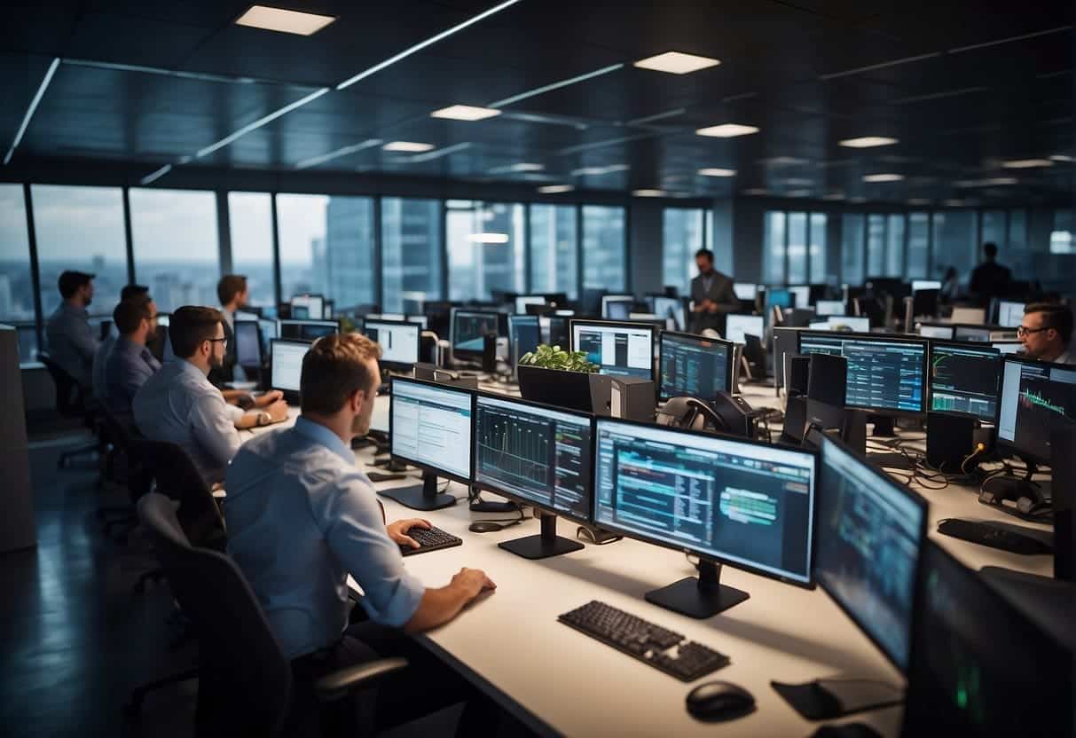 A bustling office with employees collaborating on MarTech projects, surrounded by screens displaying data and charts. The atmosphere is dynamic and innovative