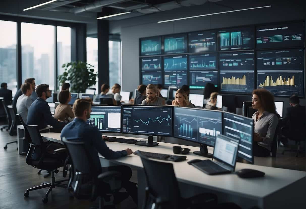 A bustling office with digital screens displaying customer data and engagement metrics. Teams collaborate on MarTech implementation strategies