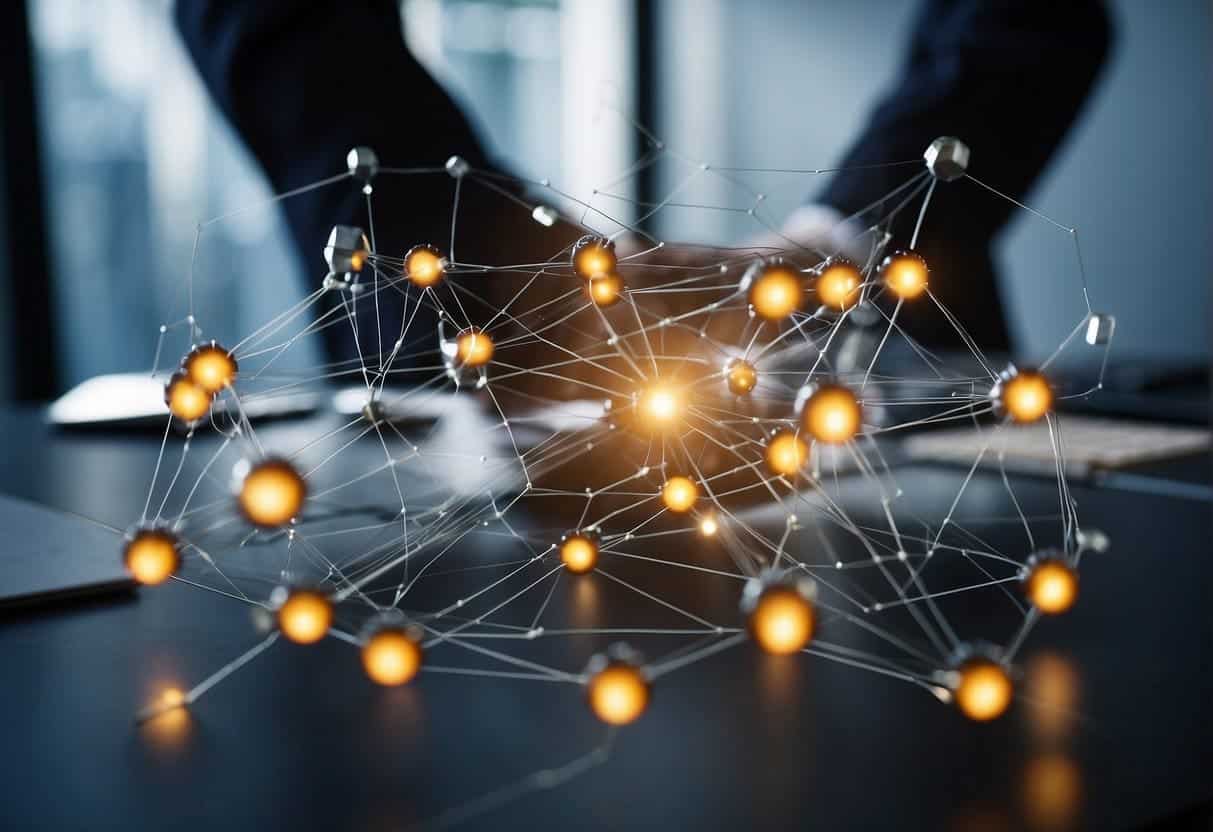 Various MarTech tools interact, exchanging data and insights. A web of connections forms, representing collaboration and communication in transformative MarTech implementations