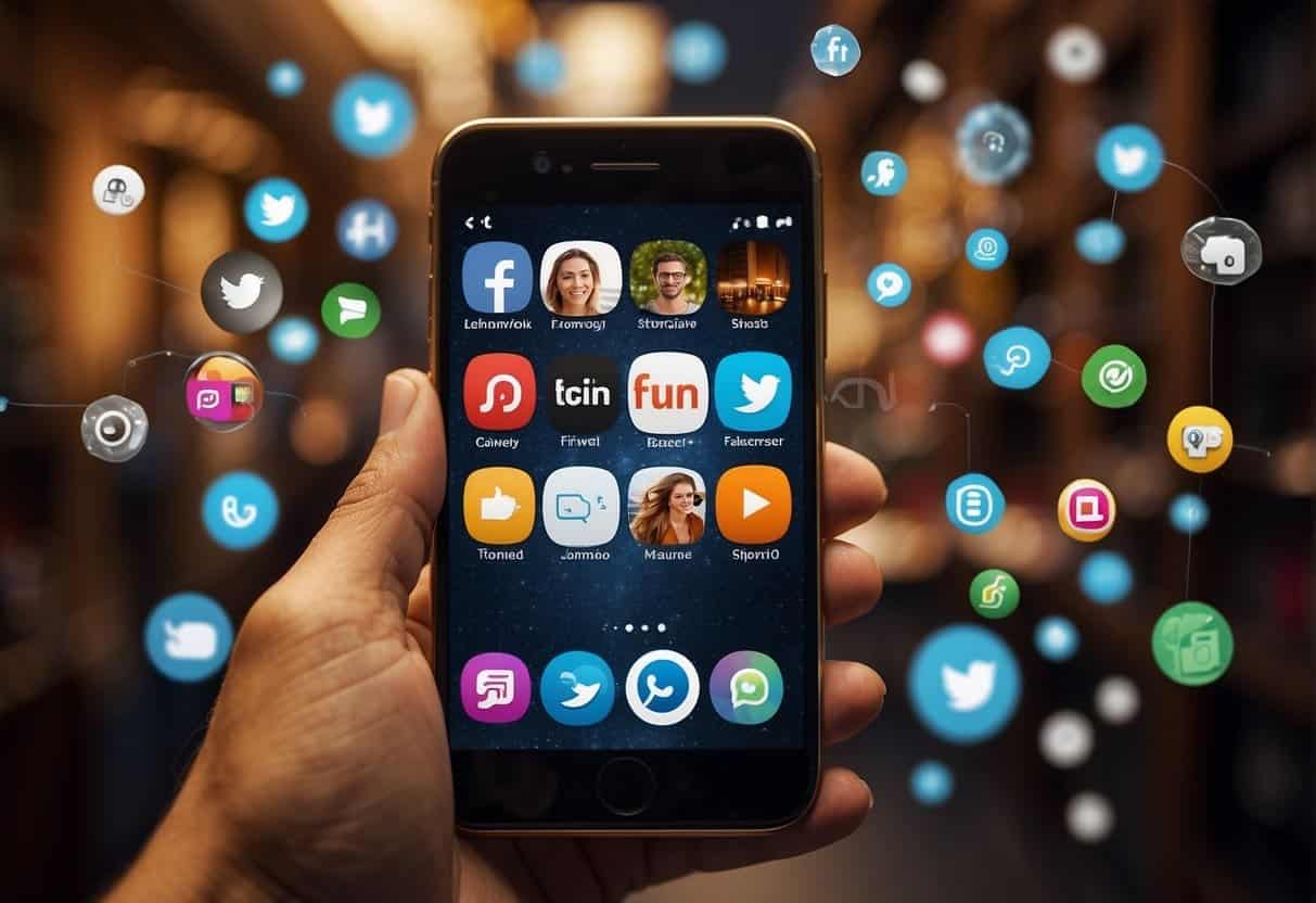 A smartphone with various social media icons displayed, surrounded by product images and a "Shop Now" button