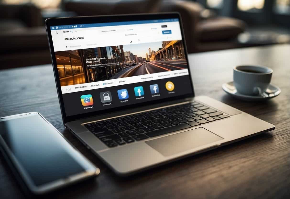 A laptop displaying a social media feed with product images and clickable links. A smartphone nearby showing a seamless checkout process