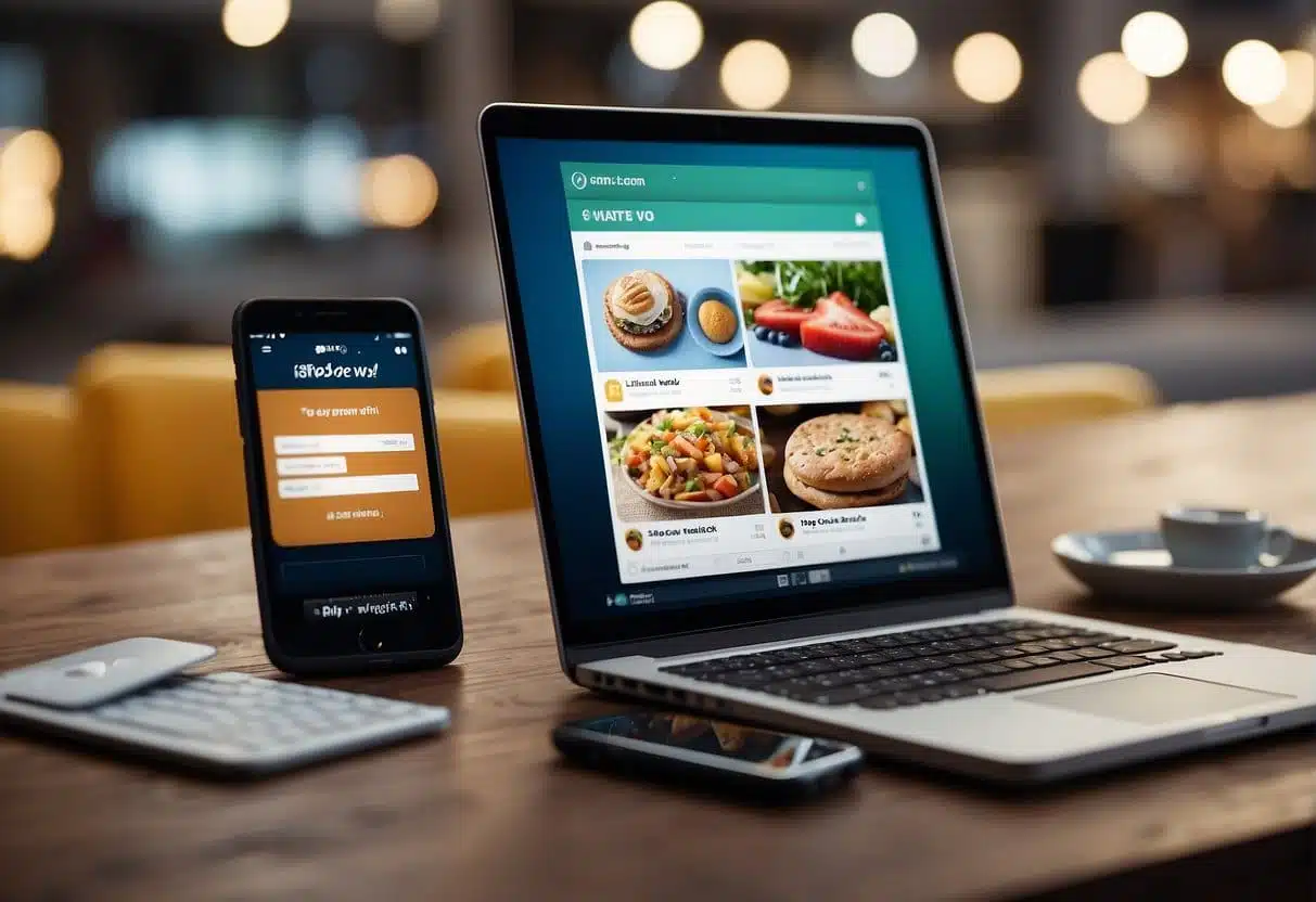 A computer screen displaying a social media post with a product, a "Shop Now" button, and a seamless checkout process. A smartphone nearby shows the same post with a user tapping the "Shop Now" button