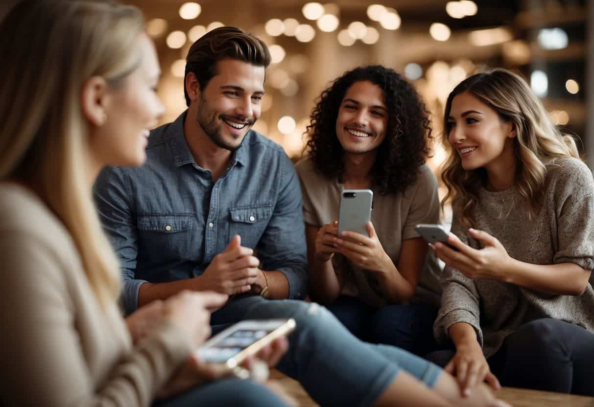 A group of people engage with interactive social media posts, seamlessly turning them into shoppable experiences. Products are easily discovered and purchased through the platform's social features