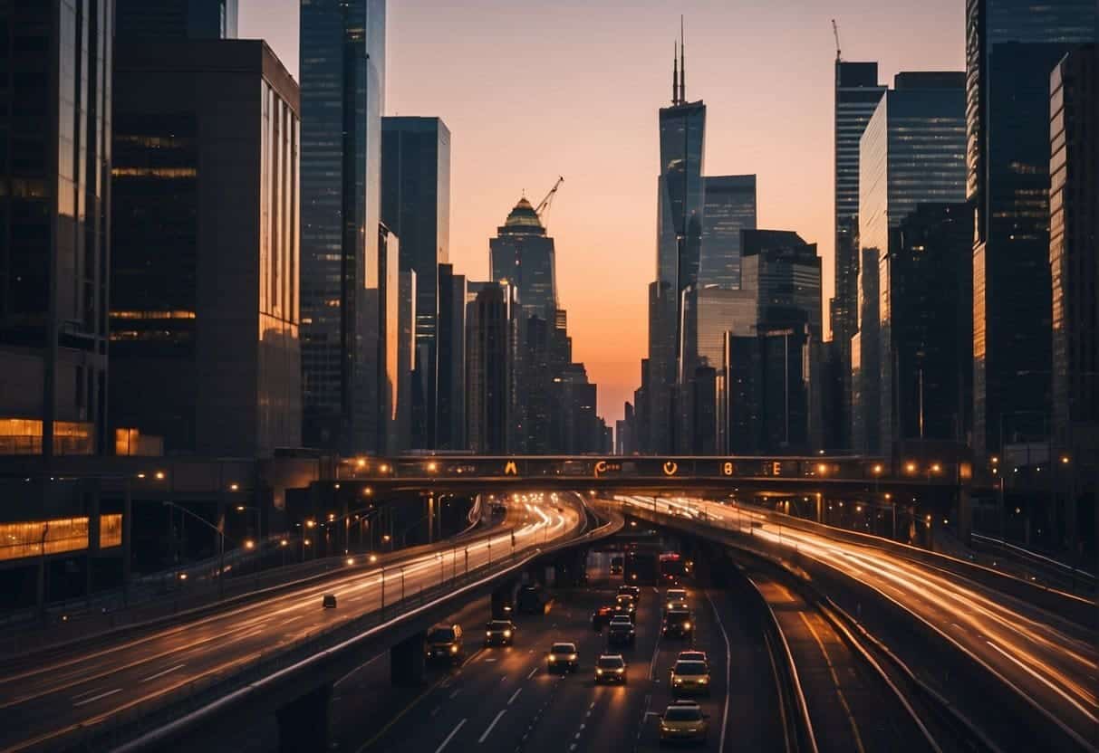 Fastest-Growing Companies in the World - A bustling city skyline with skyscrapers reaching towards the sky, surrounded by a network of bustling highways and transportation hubs