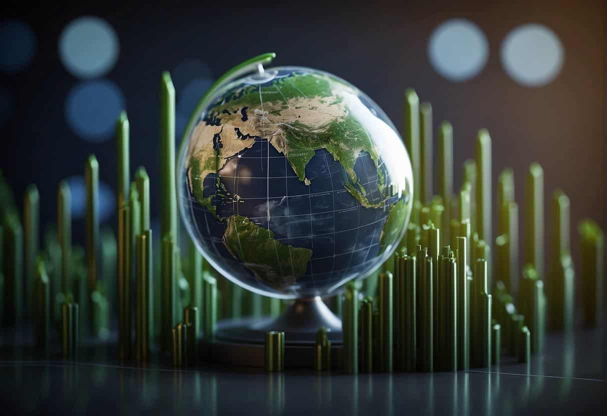 Vibrant, upward arrows symbolize rapid growth. Green shoots emerge from a globe, representing global expansion. Graphs and charts show exponential growth