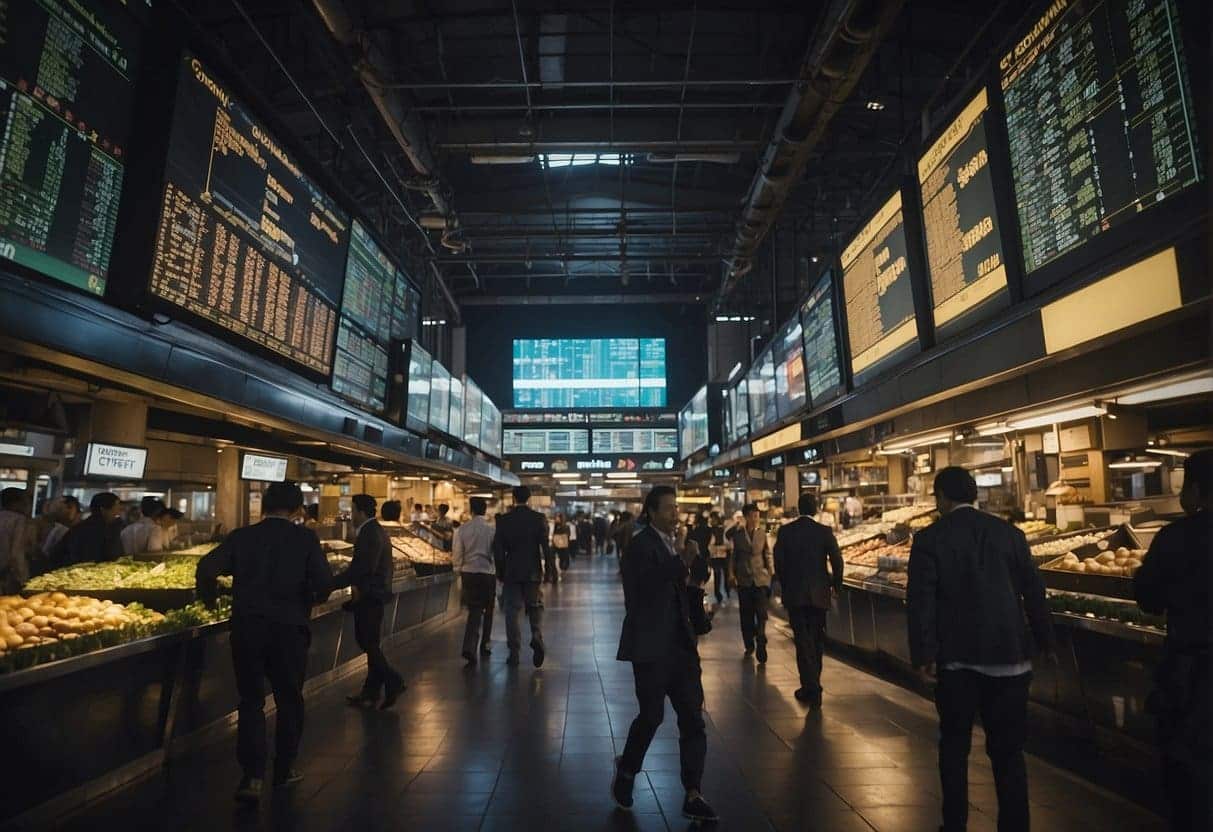 A bustling market with charts and graphs showing rapid company growth. Global economic impact evident in the movement of goods and currencies