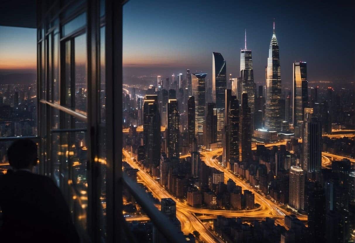 A bustling city skyline with skyscrapers and bustling streets, surrounded by a network of global trade routes and economic hubs