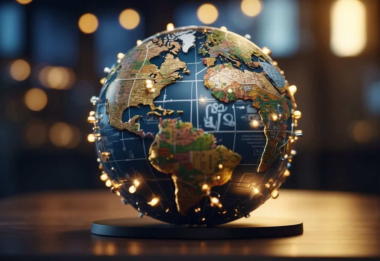 A globe surrounded by diverse cultural symbols, connected by a network of digital and physical channels, with the Nike logo prominently displayed