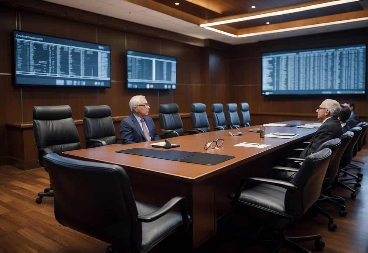 A courtroom with judges and lawyers discussing AI regulations and policies. Documents and legal books scattered on desks. AI algorithms displayed on screens