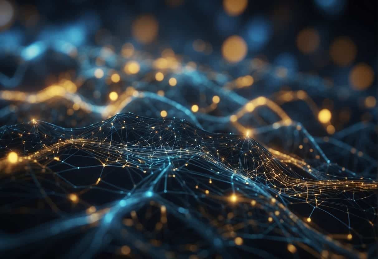 A computer algorithm generates code, creating complex patterns and structures, with data flowing through interconnected nodes