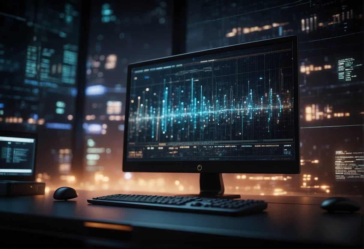 A computer displaying data patterns, surrounded by AI algorithms and transparent explanations, evoking trust and understanding