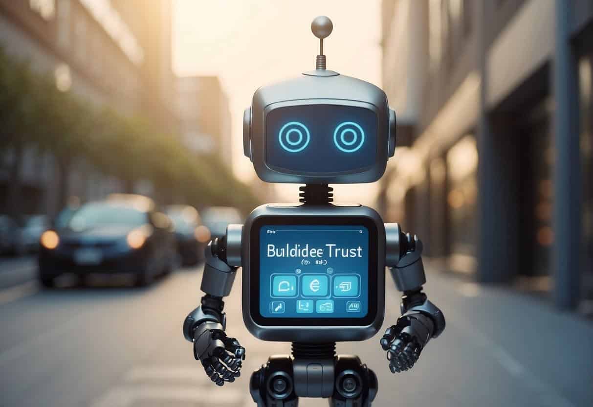 A robot presents information with a friendly smile, surrounded by question marks and a "Building Trust with Explainable AI" sign