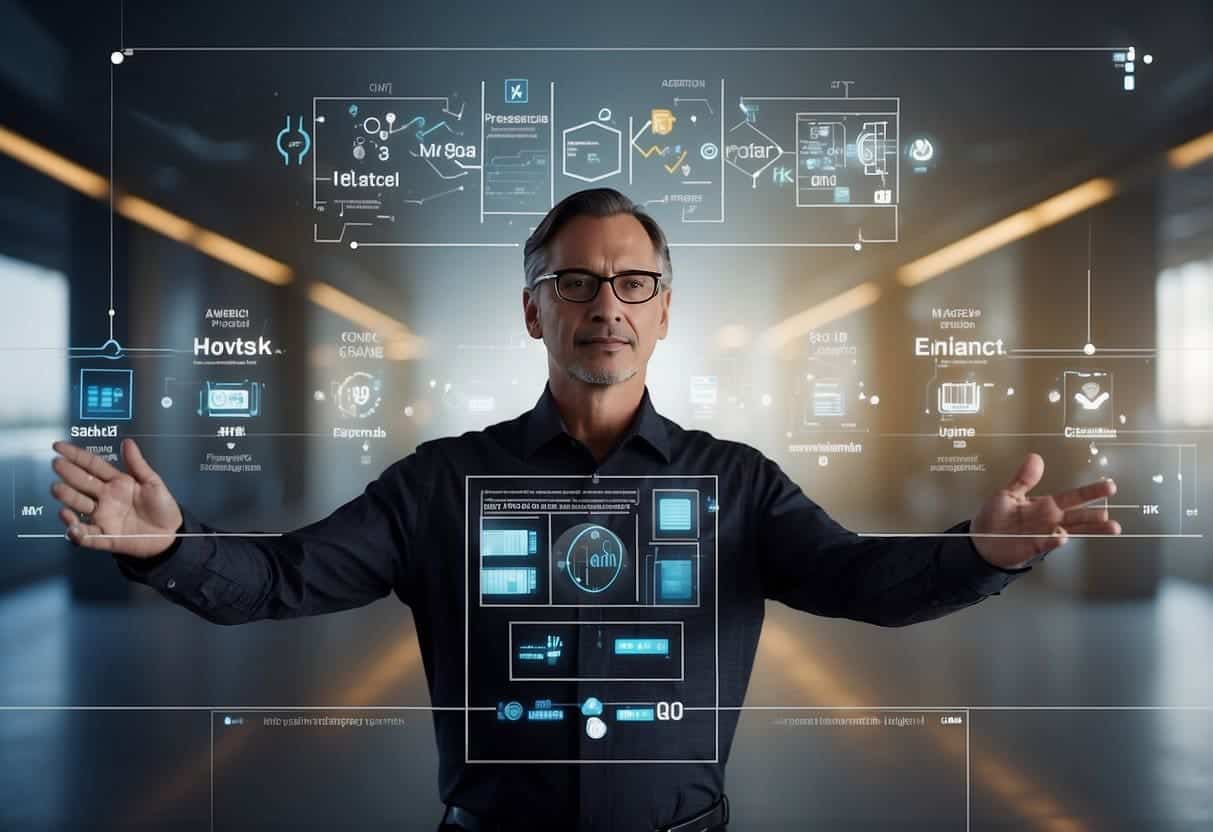 An AI system explaining its decision-making process to gain trust. Visualize a transparent algorithm with arrows and labels, surrounded by question marks and a sense of uncertainty