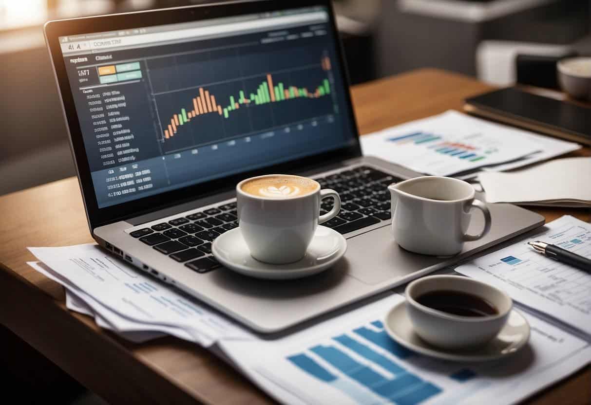 A laptop displaying cost management charts for SEO outsourcing. A desk cluttered with papers, a calculator, and a cup of coffee