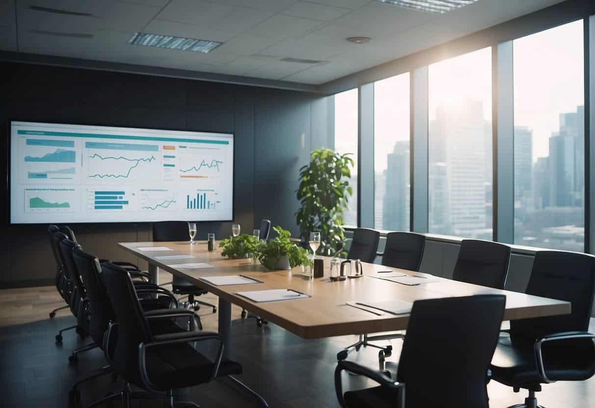 A boardroom table with charts and graphs, a whiteboard with brainstorming notes, and a group of professionals discussing AI integration strategies