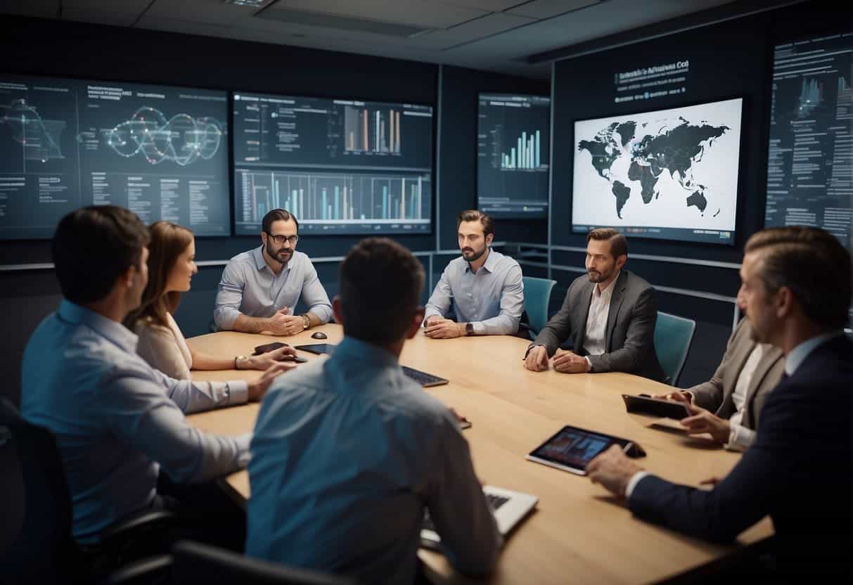 A group of professionals sit in a conference room, discussing and brainstorming ideas for an in-house AI training program. Charts and diagrams cover the walls, and computers are scattered across the table