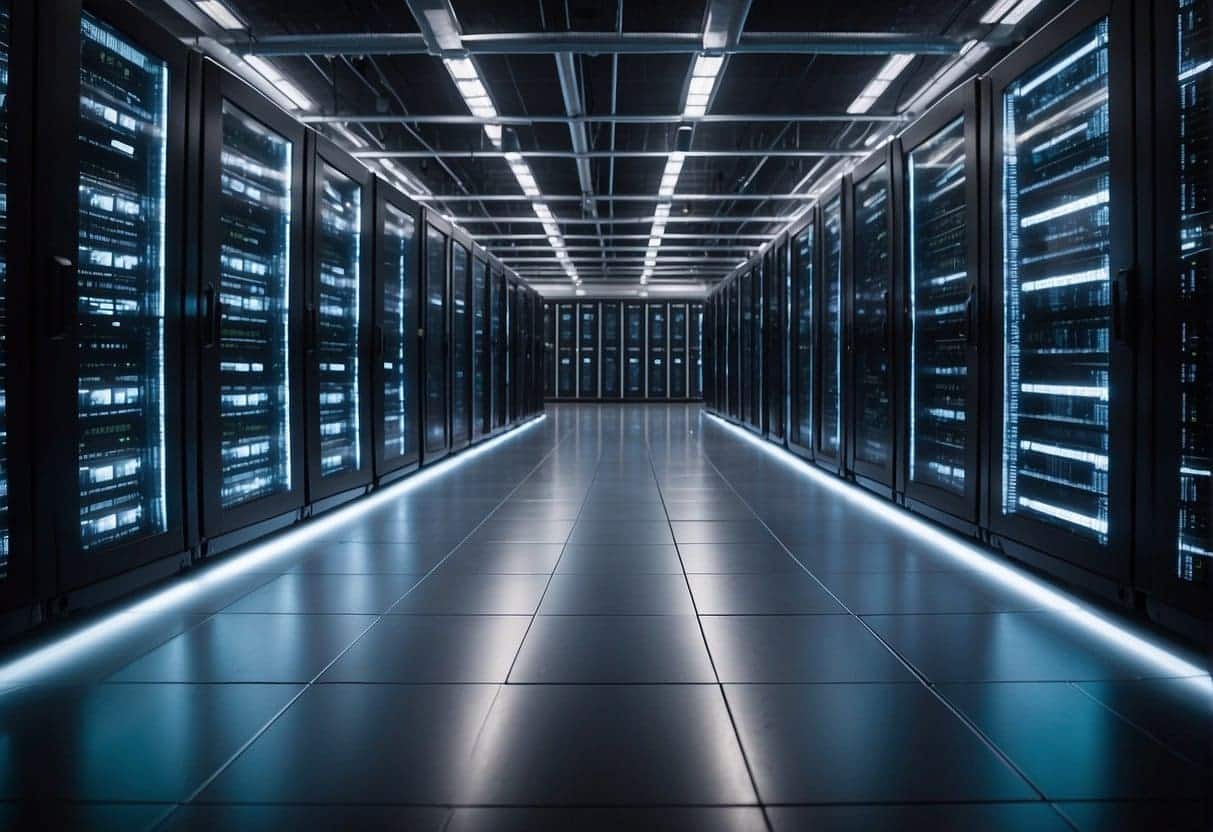 A group of servers and computers are organized in a clean and modern data center, with cables neatly arranged and labeled, as AI algorithms are being trained and developed in-house