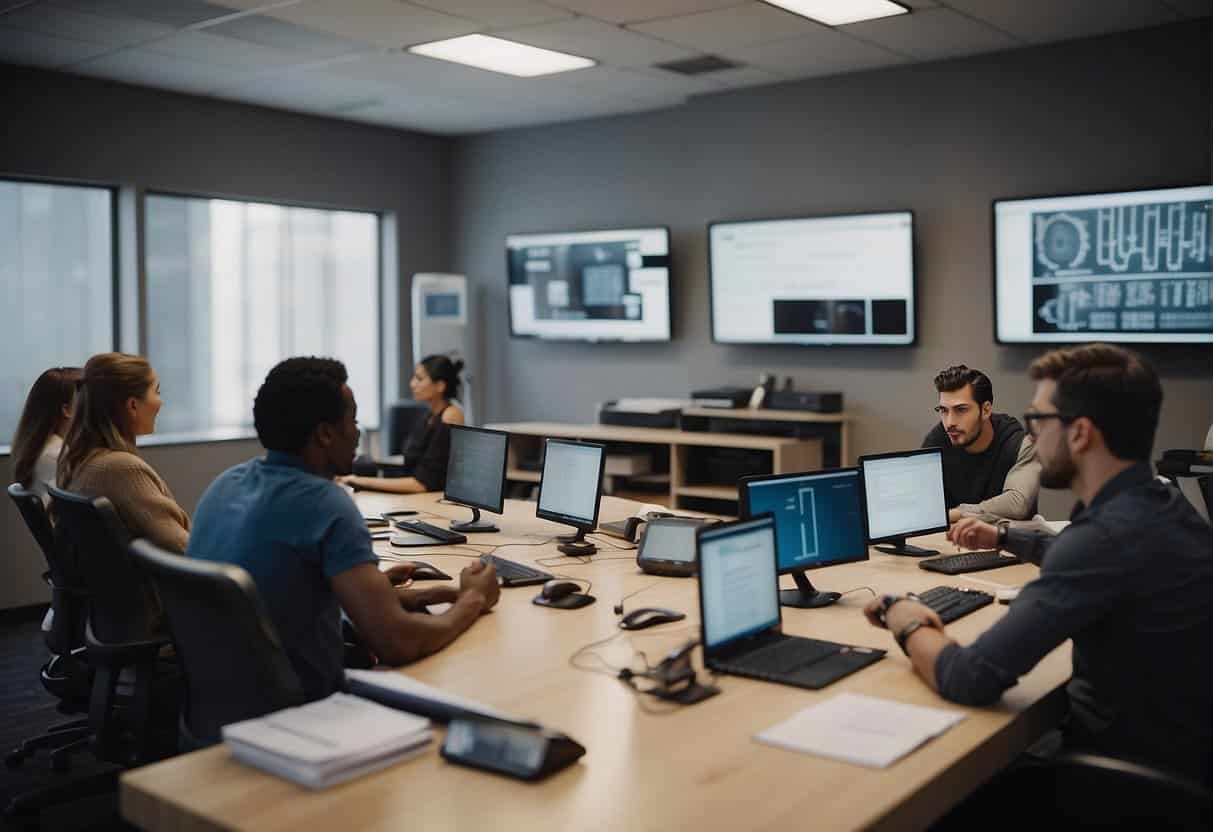 A room with computers, whiteboards, and AI training materials. A group of people engaged in discussions and learning activities