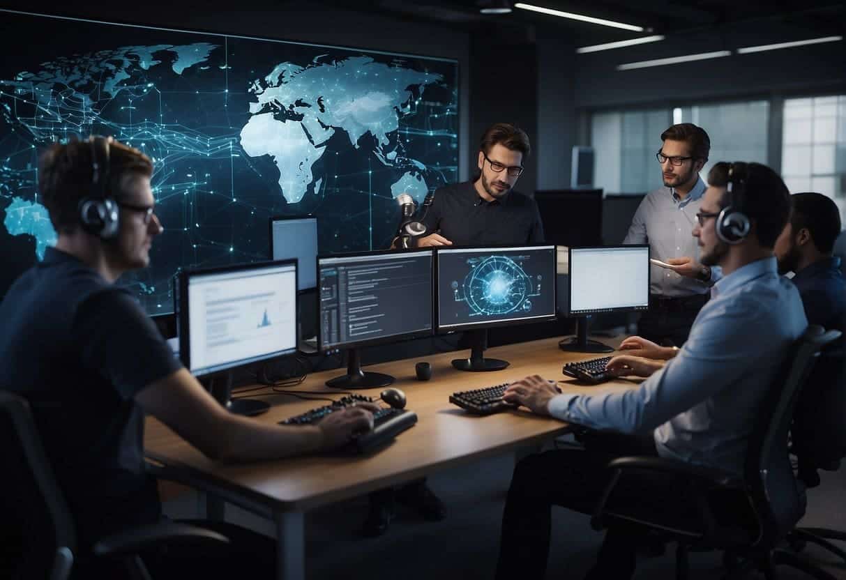 A team of programmers and engineers collaborating on custom AI solutions, developing an in-house AI training program