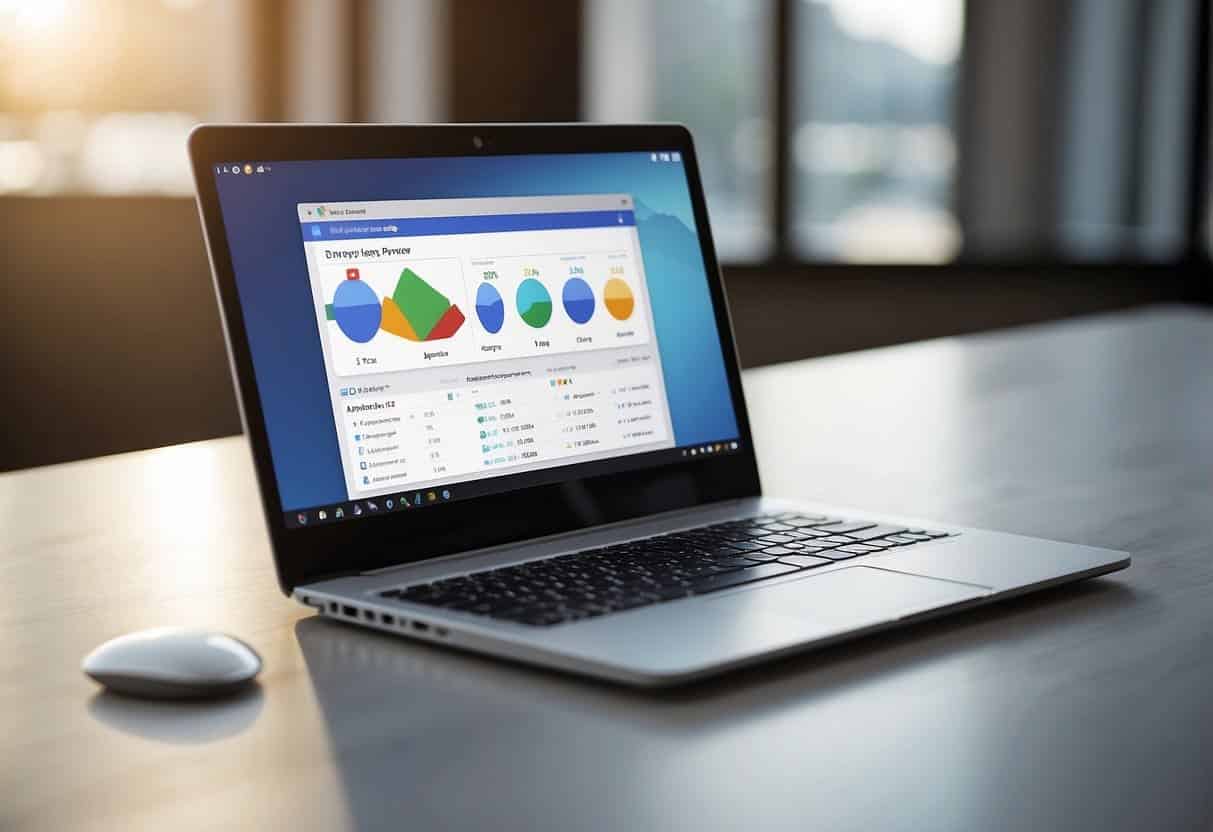 A laptop with open tabs comparing Dropbox and Google Drive. Graphs show performance and speed analysis. Cloud icons hover above