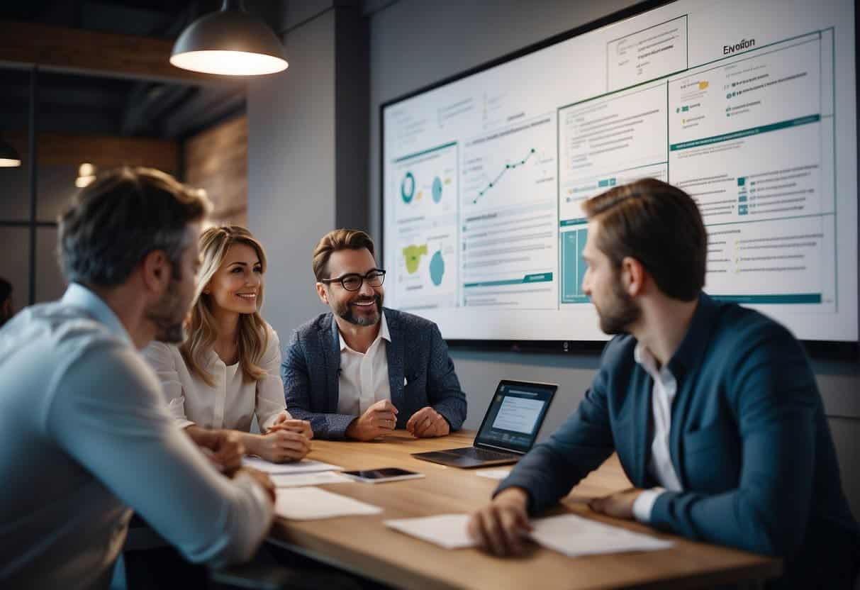 A group of employees collaborate on a whiteboard, mapping out the development of an in-house AI training program. Charts, diagrams, and sticky notes cover the walls, showcasing the project's progress