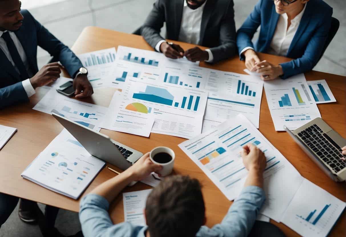 A team of developers brainstorm AI training program ideas in a modern office setting. Whiteboards and computer screens display data and algorithms