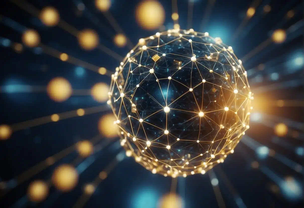 A network of interconnected nodes processing data with AI algorithms, displaying efficiency and speed in operations