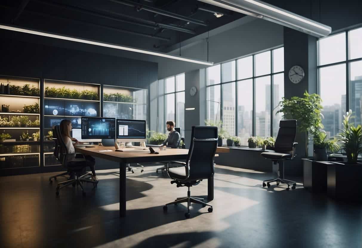 An office space with modern decor, AI technology on display, and a team of professionals collaborating on projects