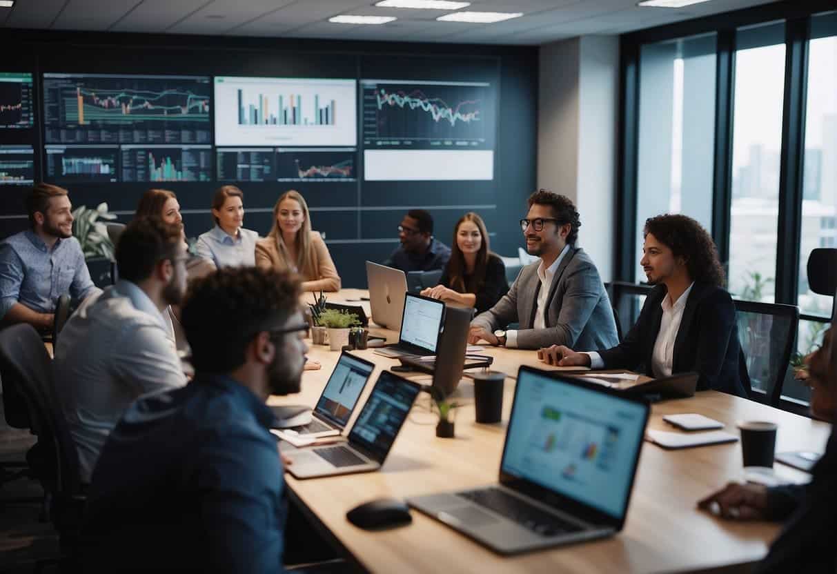 A bustling office with people collaborating on AI projects, with computer screens displaying data and charts. A team meeting is in progress, with whiteboards and sticky notes filled with ideas and strategies