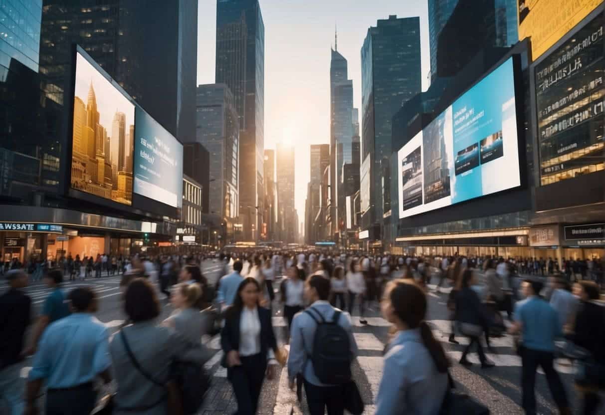 A bustling city street with AI technology billboards, people interacting with virtual assistants, and data analysis charts