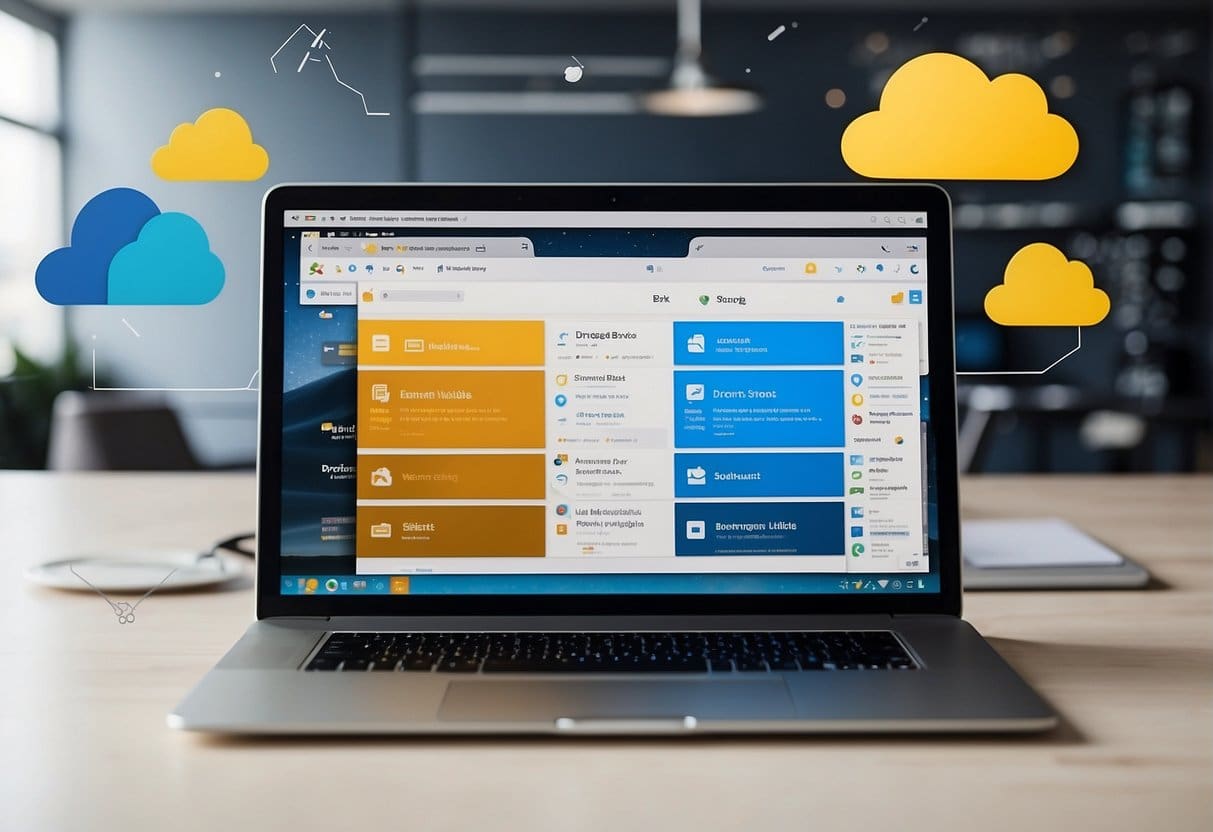 A laptop with open tabs comparing storage plans for Dropbox and Google Drive, surrounded by cloud icons and web design elements