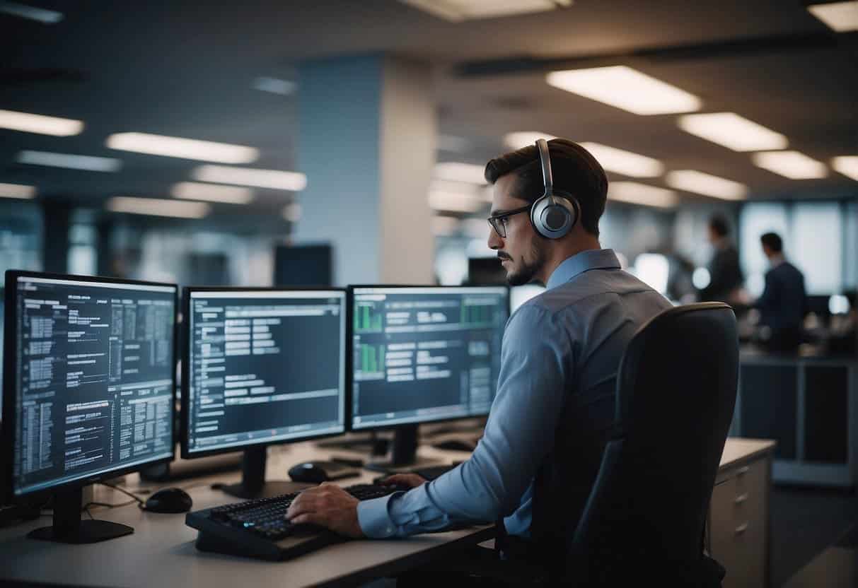 An office setting with computer servers and AI chatbot prototypes being tested for data management and privacy
