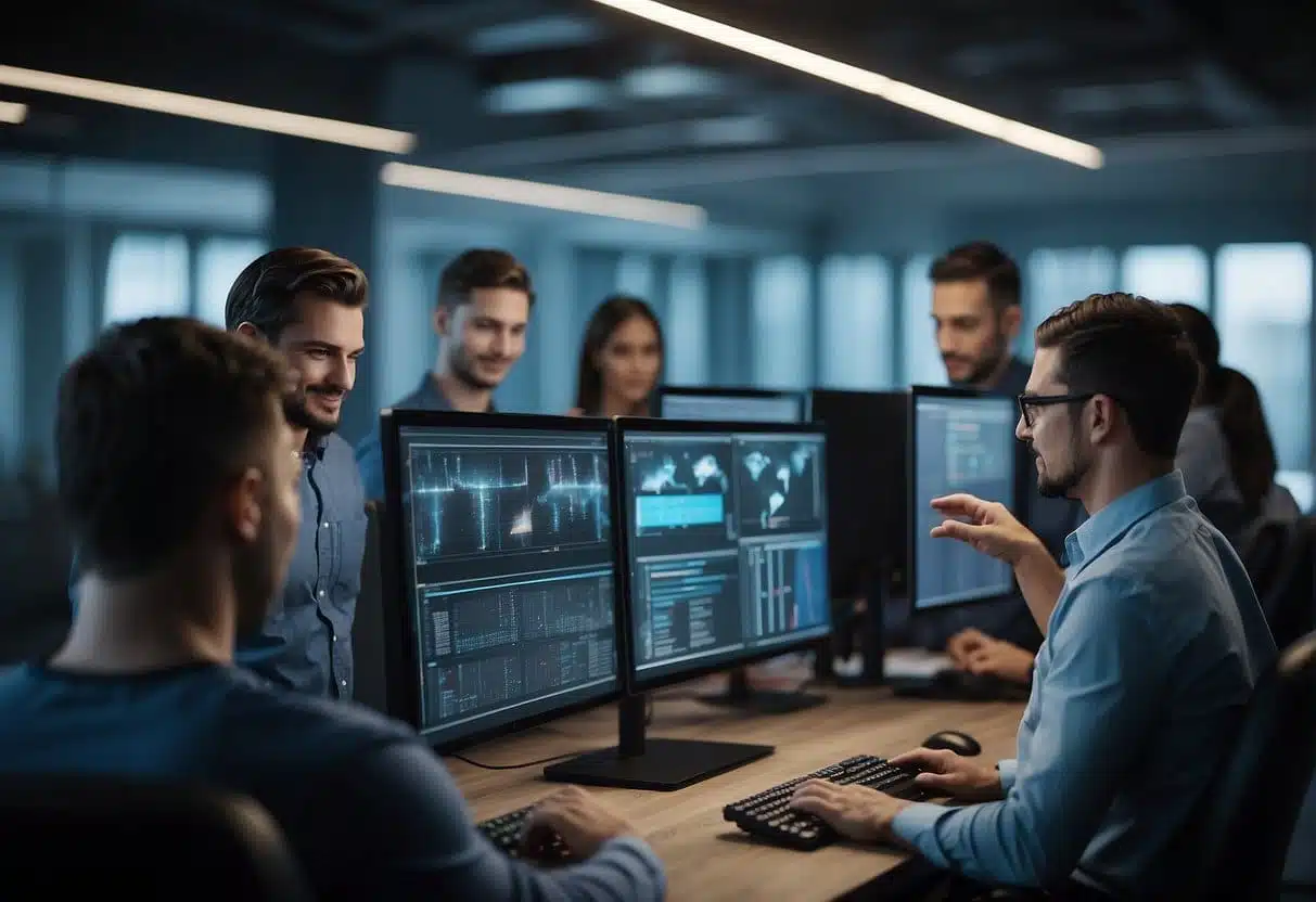 A team of engineers testing AI chatbots for reliability and support. Multiple screens displaying data and code, with team members collaborating and discussing