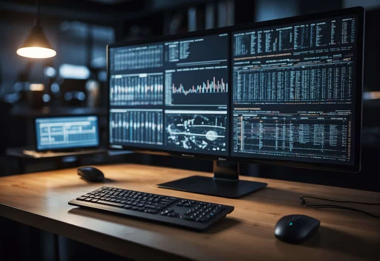 A computer with multiple screens displaying code and technical diagrams, surrounded by books and reference materials on programming and artificial intelligence