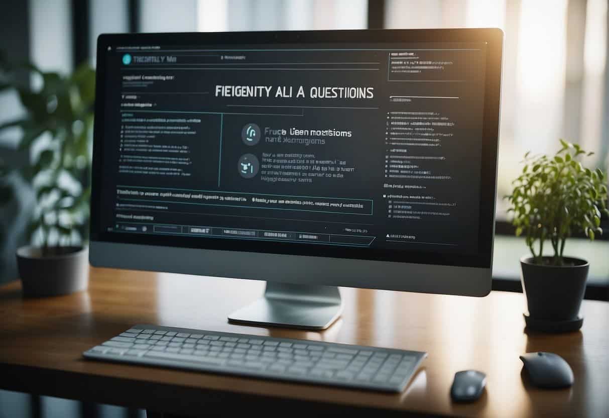 A computer monitor displaying "Frequently Asked Questions AI Training" with a keyboard and mouse nearby