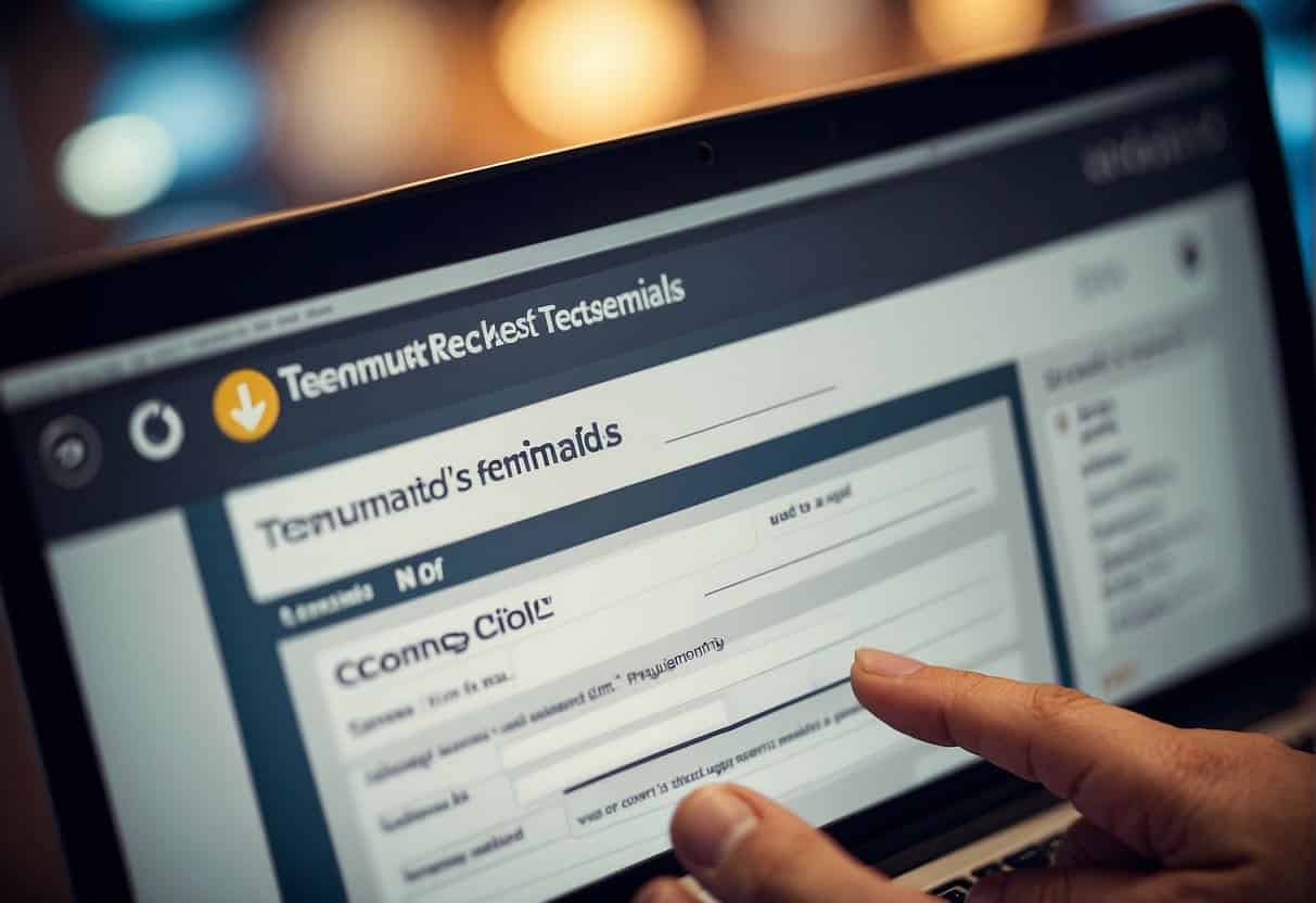 A computer screen displaying a request form for testimonials. A mouse cursor clicks on the "submit" button as automated emails are sent out